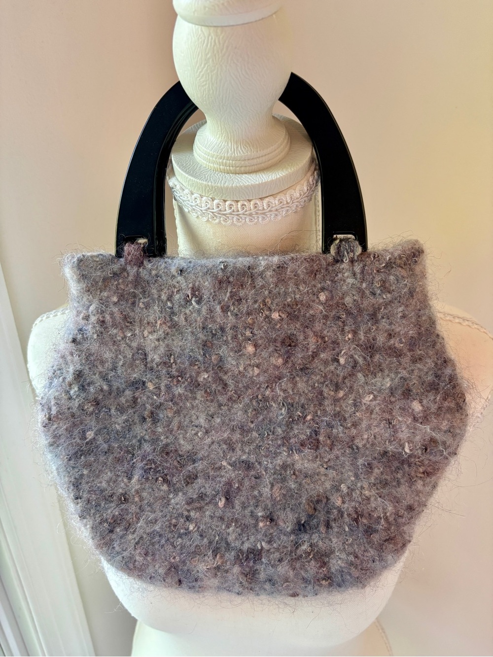 Handmade Purple Gray Textured Felted Wool Black Handled Purse